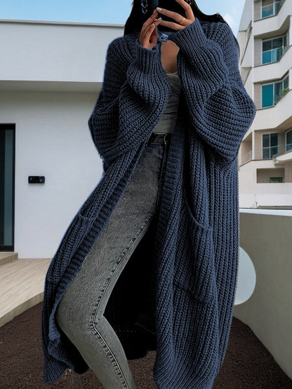 Women's Solid Drop Shoulder Long Cardigan, Casual Pocket Longsleeves Cardigan, Ladies Knitwear for Spring & Fall Daily Wear, Sweaters for Women, Knitting Womenswear - Seldom Seen Styles