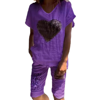 Linen Outfits Women 2 Piece Heart Sequins V-Neck Short Sleeve Top Loose Knee Length Pants 2025 Casual Set - Seldom Seen Styles