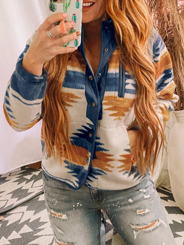 Women's Geometric Print Pocket Button Front Zipper Stand Collar Polar Fleece Jacket, Casual Long Sleeve Outerwear For Fall & Winter, Women's Clothes For Daily Wear - Seldom Seen Styles