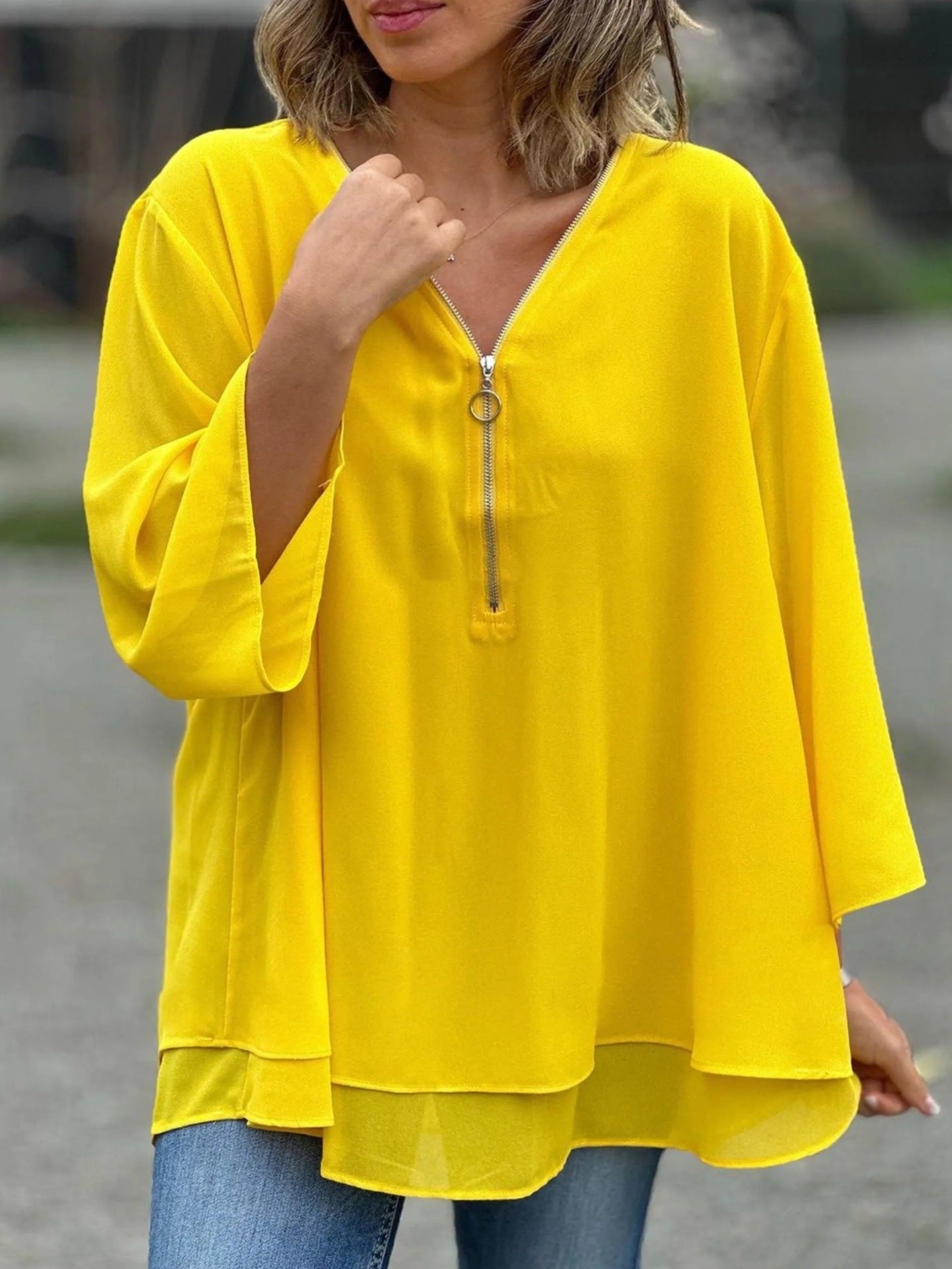 Womens V-Neck Lantern Sleeve Blouse Zipper Design Loose Casual Top Shirts - Seldom Seen Styles