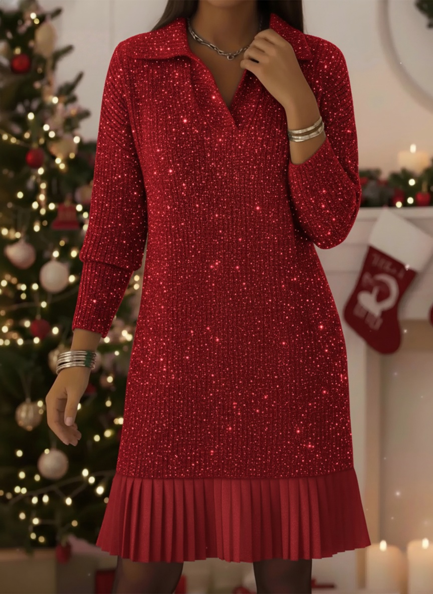 Women's Elegant Polo Neck Shimmering Knit Dress