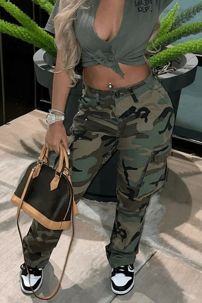 Women's Plus Size Cargo Camo Pants High Waist Slim Fit Camouflage Jogger Pants Sweatpants with Pockets - Seldom Seen Styles