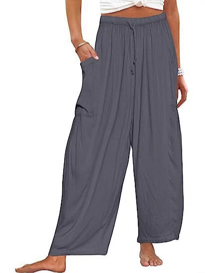 Womens Wide Leg Pants Casual Loose Drawstring Flowy Summer Beach Palazzo Harem Pants with Pockets - Seldom Seen Styles