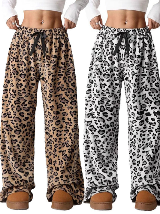 Women's Leopard Print Bow Decor Wide Leg Pants, Casual Comfy Trousers for Daily Wear, Ladies Bottoms for Fall & Winter - Seldom Seen Styles
