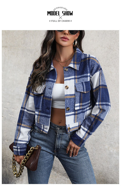 Women's Flannel Cropped Plaid Shacket Jacket Button Down Long Sleeve Shirts Tops