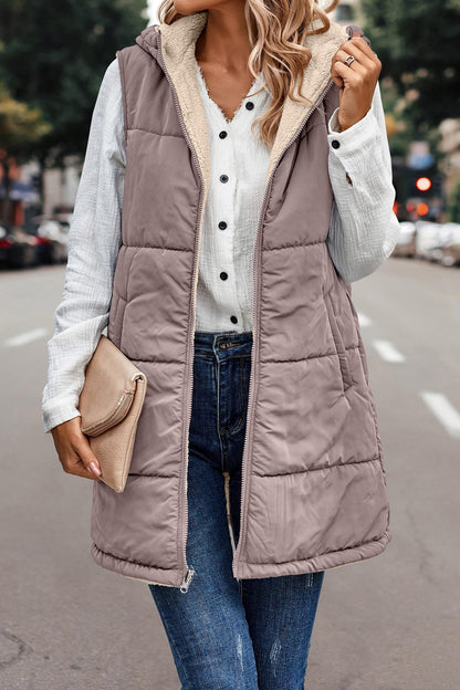 Women's Warm Reversible Vests Sleeveless Fleece Basic Jacket Zip Up Coat Long Outerwear With Pockets And Hoodie Casual Outfit#Hoodieing - Seldom Seen Styles