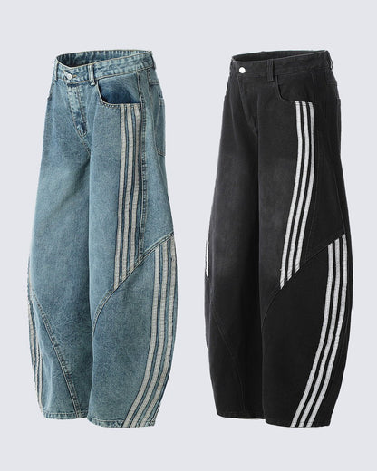 Contrast Striped Wide-Leg Denim Pants Striped Stitching Barrel Jeans