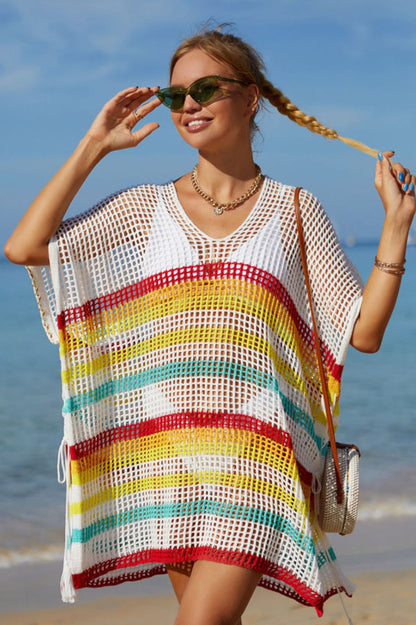 Rainbow Stripe Openwork Slit Cover Up - Seldom Seen Styles