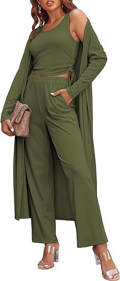 Cozy New Ekouaer Women's 3 Piece Knit Lounge Set Long Sleeve Cardigan Sleeveless Top Pants Sweatsuit S-XXL