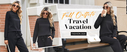 Two Piece Sets for Women Fall Travel Vacation Outfits Long Sleeve Lounge Sets Side Slit Wide Leg Pants S-3XL