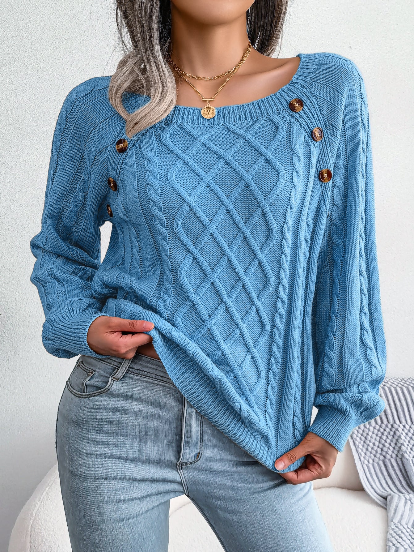 Women's Solid Textured Fake Buttons Raglan Sleeve Crewneck Sweater Tops for Spring, Casual Chic Style Round Neck Long Sleeves Knitting Jumper, Fall Clothes, Downtown Girl Knitwear Clothes - Seldom Seen Styles