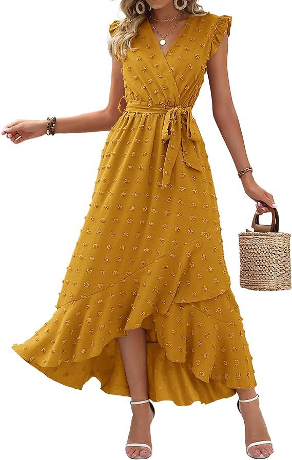 Women's V-Neck Summer Dress 2025 Cap Sleeve Swiss Dot Boho Flowy Ruffle Slit Beach