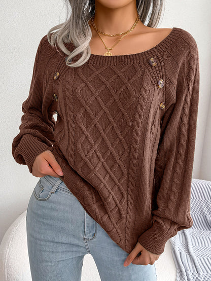 Women's Solid Textured Fake Buttons Raglan Sleeve Crewneck Sweater Tops for Spring, Casual Chic Style Round Neck Long Sleeves Knitting Jumper, Fall Clothes, Downtown Girl Knitwear Clothes - Seldom Seen Styles
