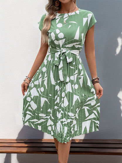 Floral Dress for Women Wedding Guest Crewneck Short Sleeve Casual Summer Dress Tie Waist Midi Flowy Boho Beach Dresses