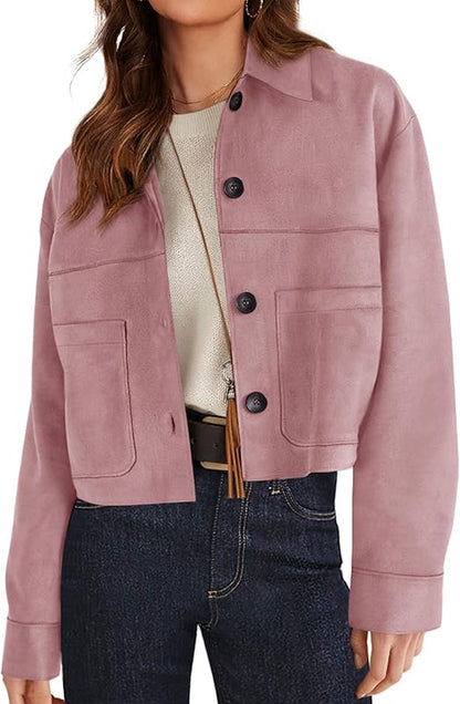 Women's Faux Suede Cropped Jacket Casual Lightweight Fall Fashion 2025 Winter Coats Outerwear Trendy Clothes