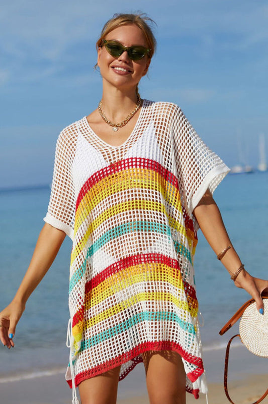 Rainbow Stripe Openwork Slit Cover Up - Seldom Seen Styles