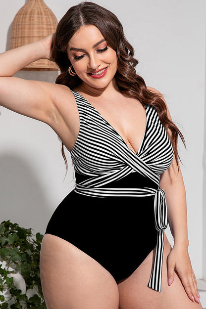 Striped Tie Waist One Piece Swimsuit - Seldom Seen Styles