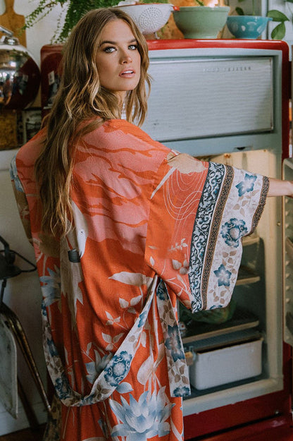 Floral Crane Print Kimono With Belt - Seldom Seen Styles