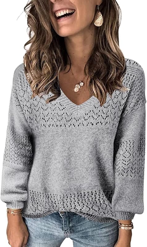 Womens Sweaters 2025 Fall V Neck Long Sleeve Hollow Knit Pullover Sweaters for Women - Seldom Seen Styles