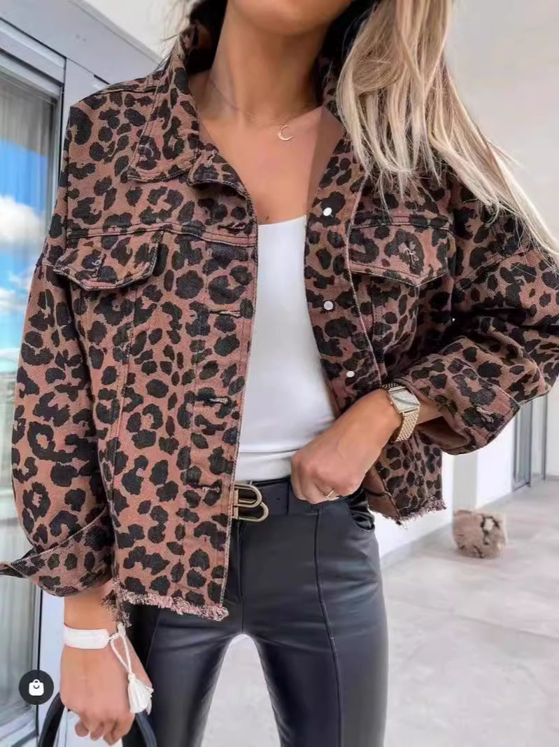 Women's Leopard Print Denim Jacket Long Sleeve Animal Printed Raw Hem Button Down Cropped Jean Coat Outerwear - Seldom Seen Styles