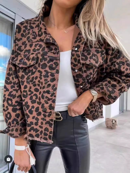 Women's Leopard Print Denim Jacket Long Sleeve Animal Printed Raw Hem Button Down Cropped Jean Coat Outerwear - Seldom Seen Styles