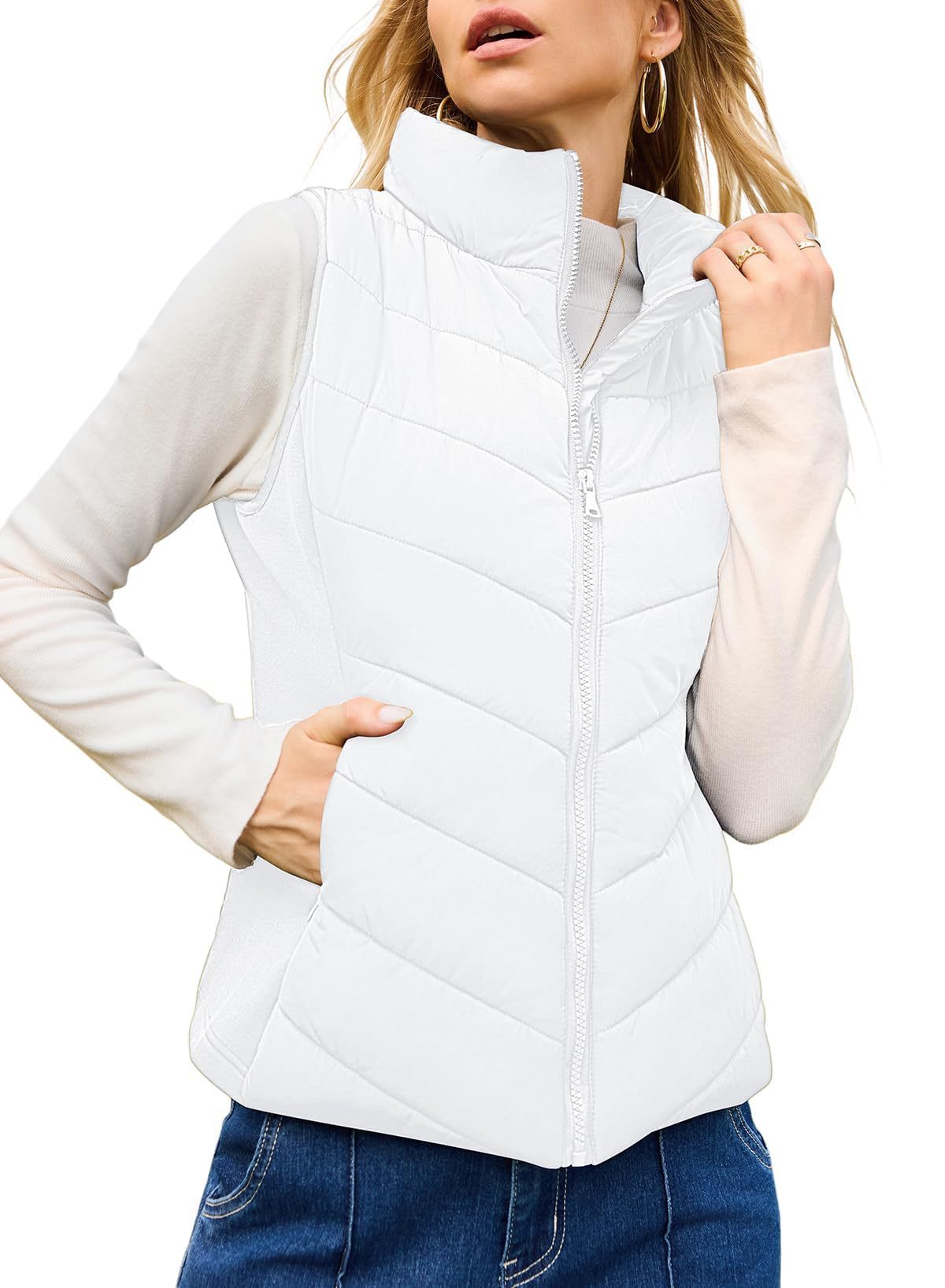Puffer Vest Women Sleeveless Zip Up Outerwear Stand Collar Quilted Vest Warm Winter Jackets Coats with Pocket
