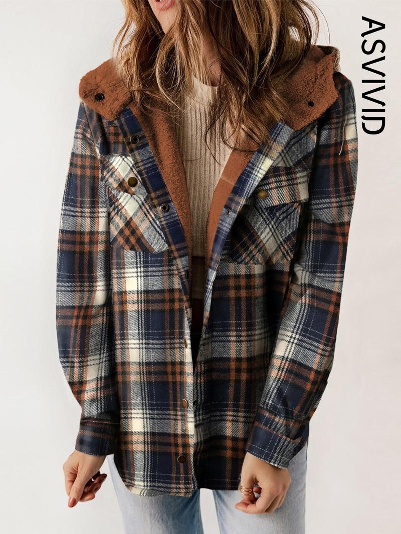 Women's Plaid / Houndstooth Print Button Front Hooded Coat, Casual Long Sleeve Pocket Coat for Fall & Winter, Ladies Outerwear for Daily Wear - Seldom Seen Styles