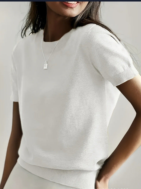 Women's Solid Color Crew Neck Short Sleeve Sweater, Chic Casual Basic Knit Pullover for Spring & Fall, Fashion Women's Knitwear for Daily Wear, Womenswear - Seldom Seen Styles