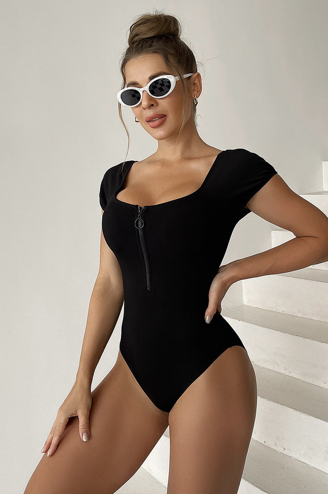 Solid Front Zipper Round Neck Bathing Suit - Seldom Seen Styles