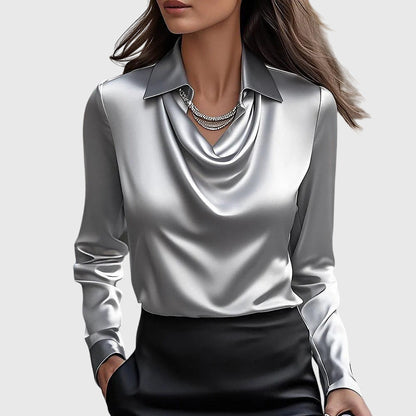 Women's Elegant Solid Satin Cowl Neck Blouse Long Sleeves Casual Business Dressy Shirts Office Work Ladies Top