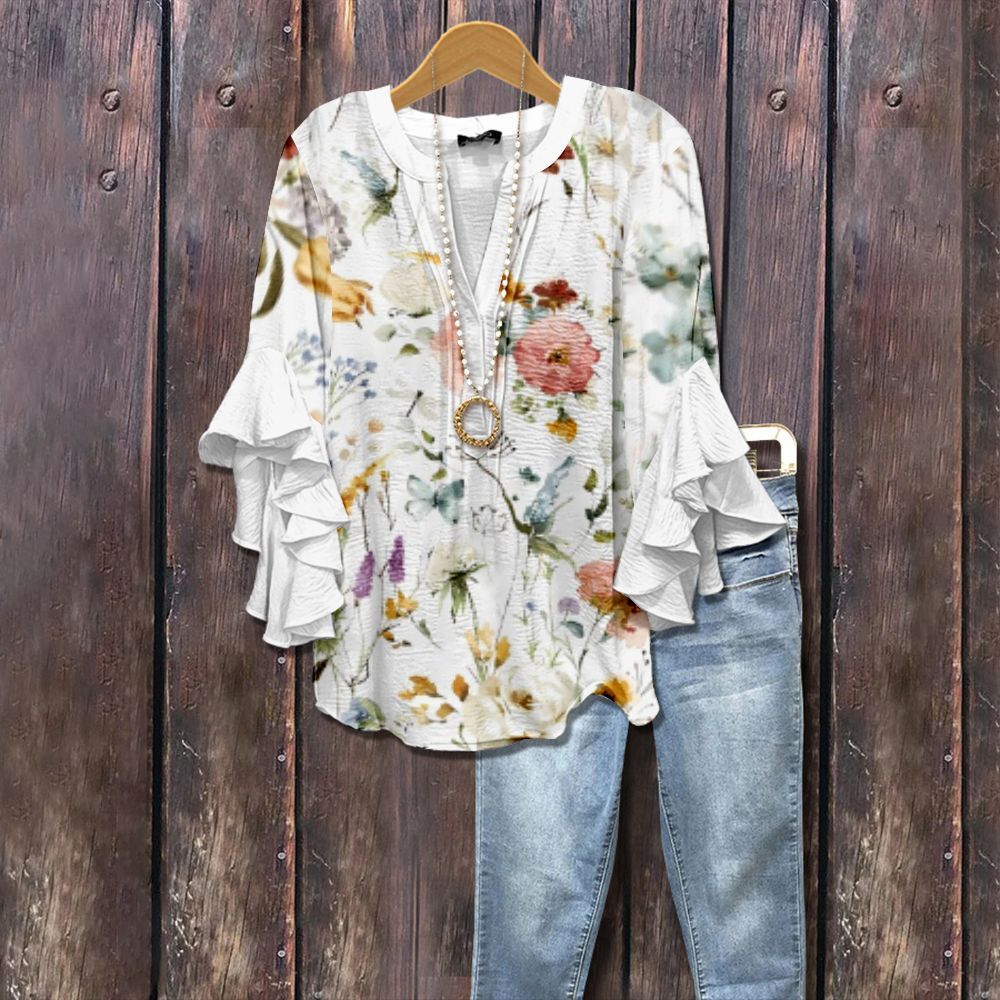 Retro Floral Print Layered Ruffle Sleeve Top Going Outfits Blouses Women Vintage 90s Tops Funny Shirts Women Elegant Classy Tops cute summer outfit