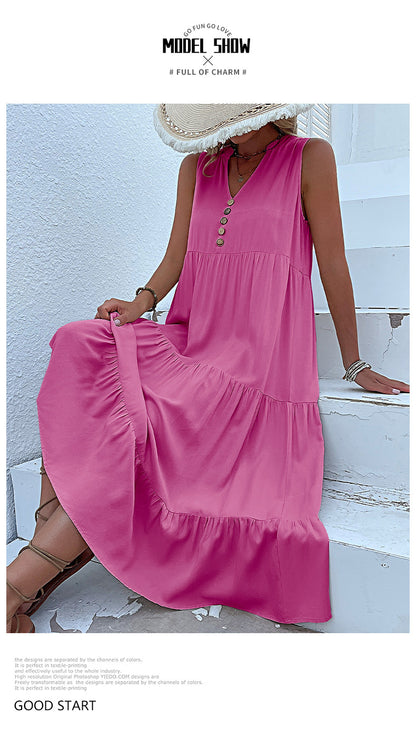 Summer Flowy Maxi Dress with Pockets Sleeveless Loose Casual Sundress V-Neck Tiered Sun Dress for Beach Cruise Vacations