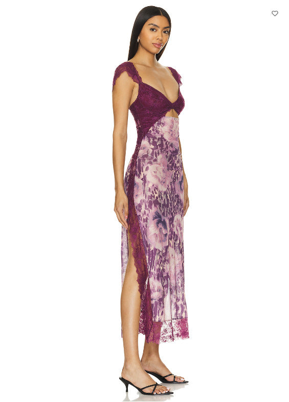 Suddenly Fine Maxi Slip Lace Backless Strap Splicing Slit Floral Long Dress Women's Fashion