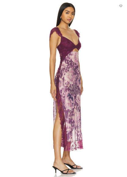 Suddenly Fine Maxi Slip Lace Backless Strap Splicing Slit Floral Long Dress Women's Fashion