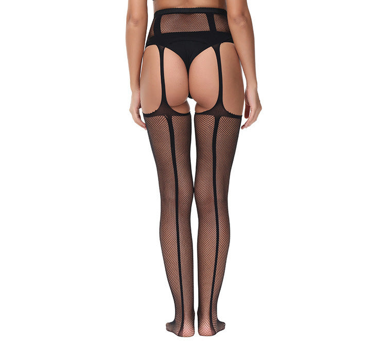 Trendy Open-Crotch Lace Transparent Suspender Black Silk Sexy Fishnet Stockings Non-Slip One-Piece Garter Belt for Women7546 - Seldom Seen Styles
