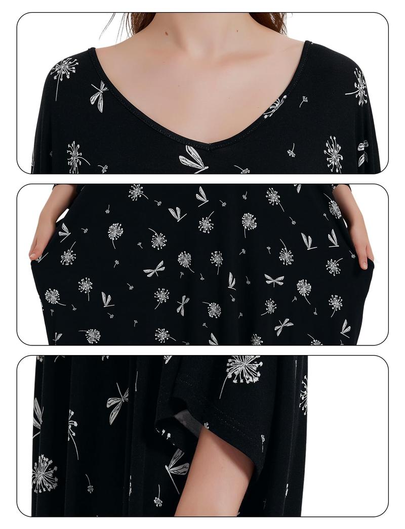 Plus Size Nightgown for Women V-Neck Sleep  Dress Pjs Lounge Short Sleeves Sleepwear With Pocket Fit S-5XL Pajamas Elastic Loungewear Breathable Fabric - Seldom Seen Styles