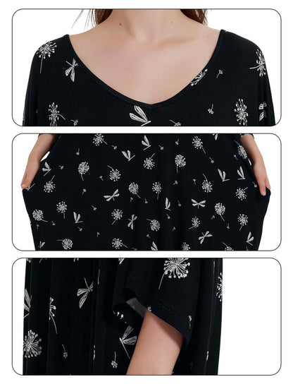 Plus Size Nightgown for Women V-Neck Sleep  Dress Pjs Lounge Short Sleeves Sleepwear With Pocket Fit S-5XL Pajamas Elastic Loungewear Breathable Fabric - Seldom Seen Styles