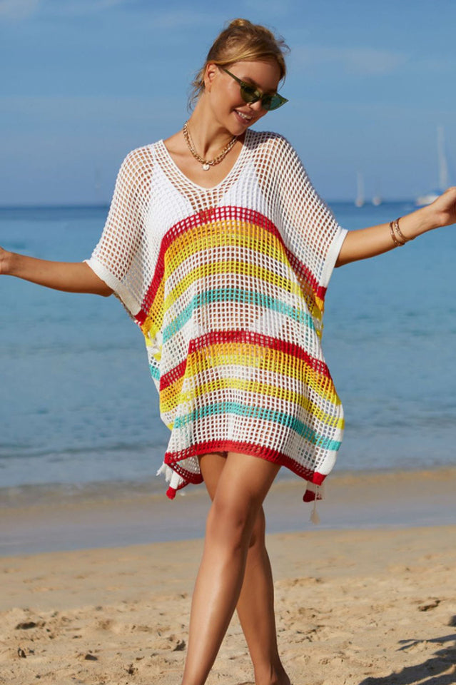 Rainbow Stripe Openwork Slit Cover Up - Seldom Seen Styles