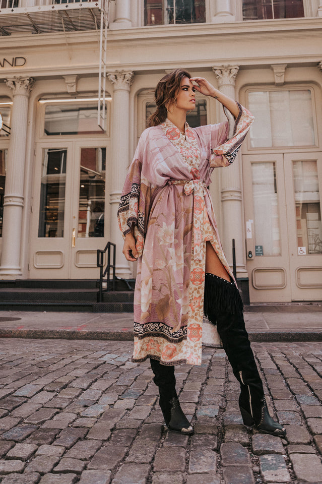 Floral Crane Print Kimono With Belt - Seldom Seen Styles