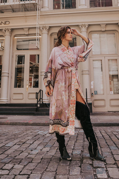 Floral Crane Print Kimono With Belt - Seldom Seen Styles