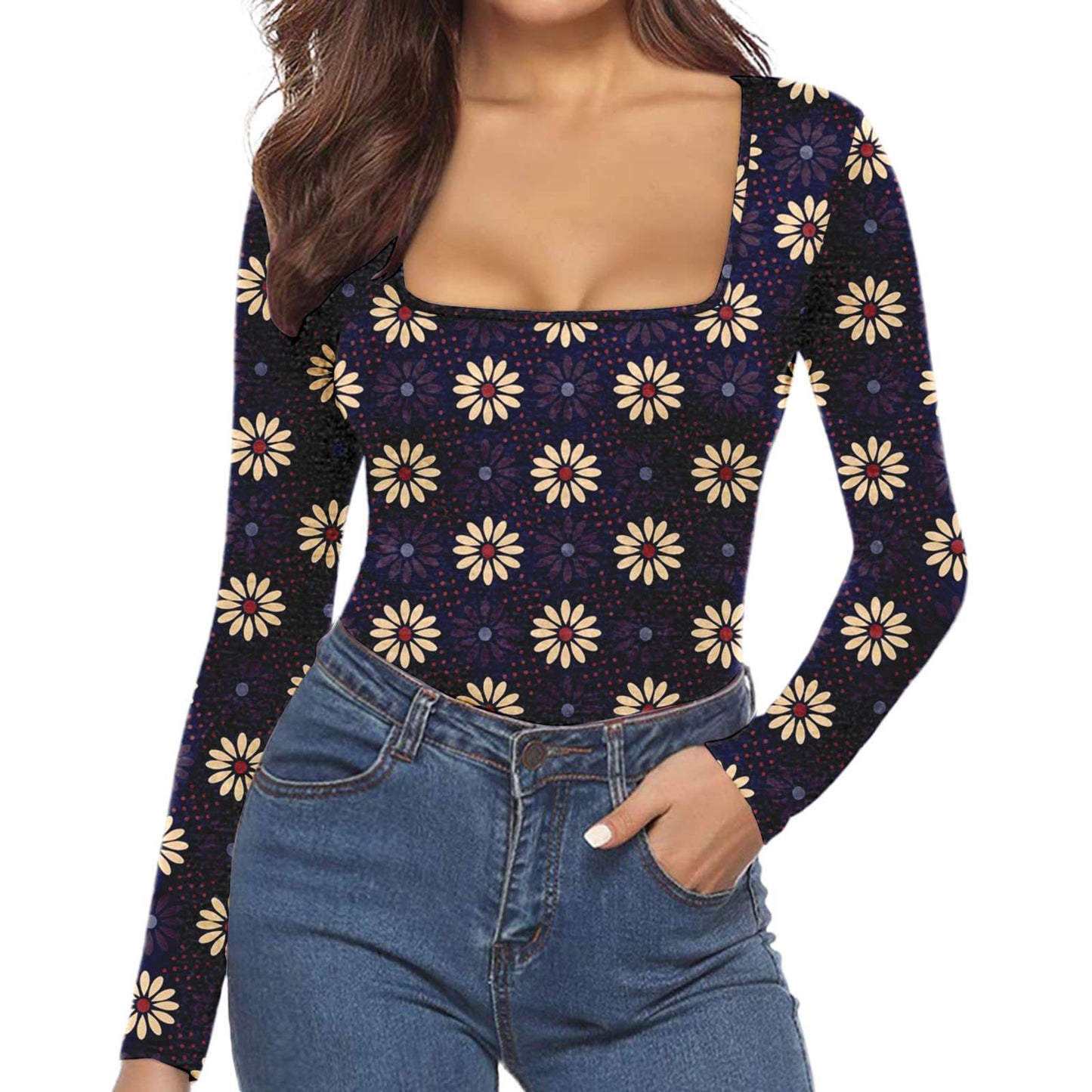 Women's Sexy Square Neck Bodysuit Long Sleeve Double Lined Shirt Tops