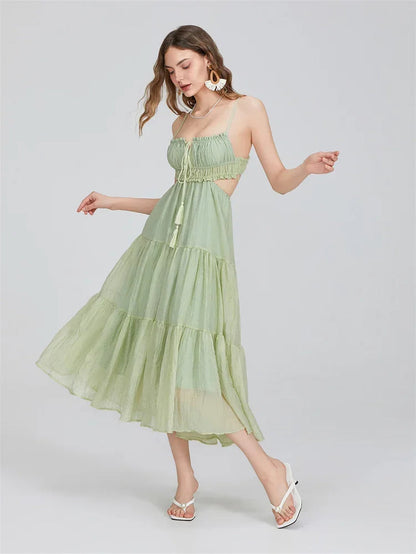 Summer Women Flowy Long Dress Spaghetti Strap Cut Out Backless Ruffle A-Line Dress Bohemian Party Holiday Casual Sundress