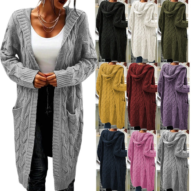 Women's Pocket Drop Shoulder Cardigan, Hooded Long Sleeve Warm Top, Casual Textured Knit Open Front Cable Outwear, Sweaters for Women