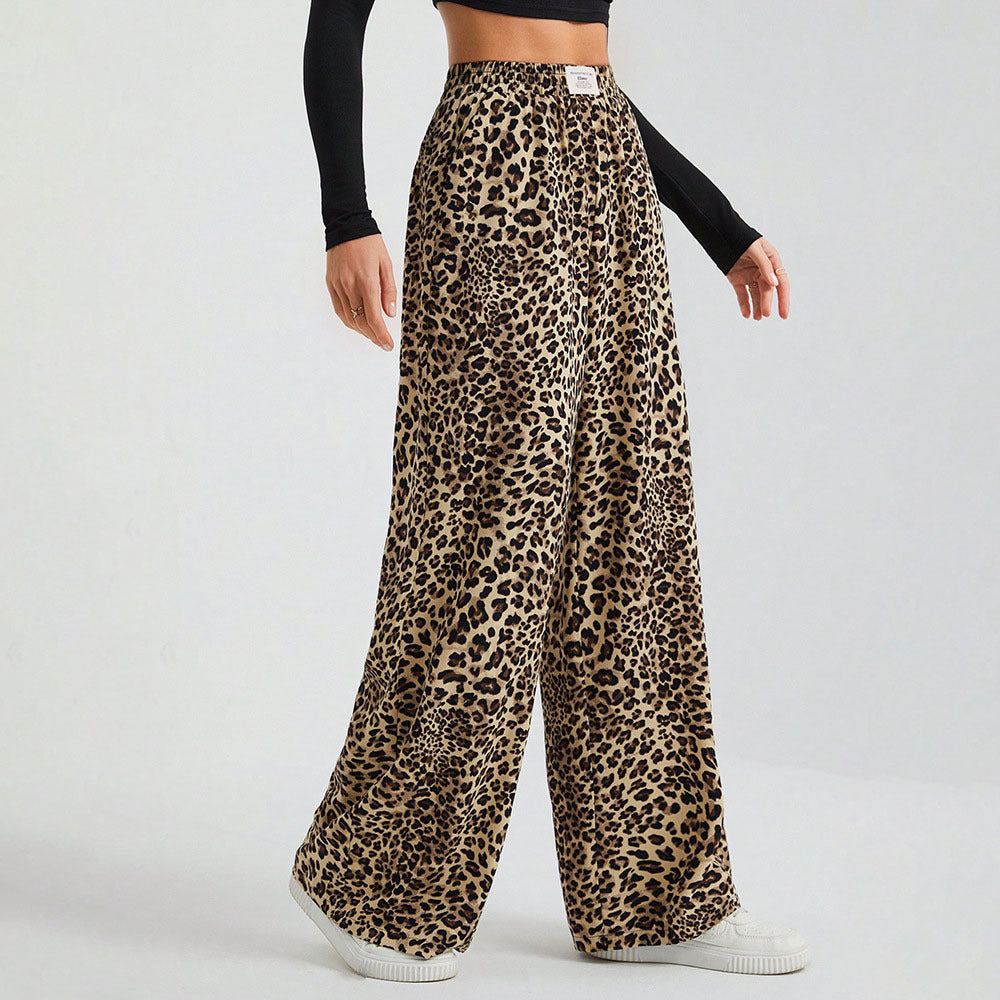 Women's Letter Leopard Print Straight Leg Pants Elastic Waist Y2K Trousers Bottoms with Pockets - Seldom Seen Styles