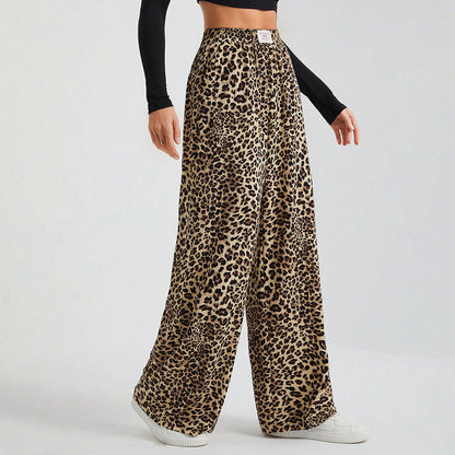 Women's Letter Leopard Print Straight Leg Pants Elastic Waist Y2K Trousers Bottoms with Pockets - Seldom Seen Styles