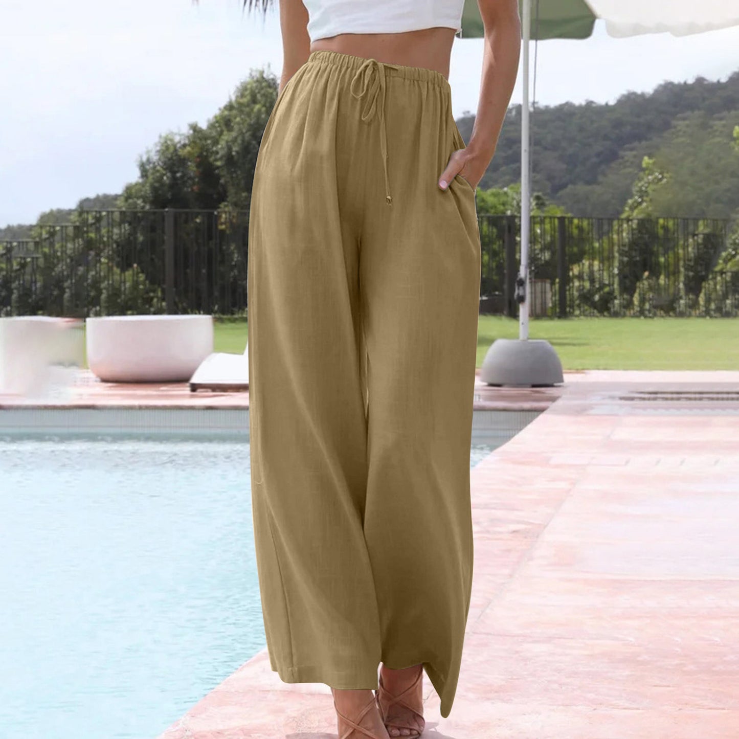 Women's Linen Summer Palazzo Pants Flowy Wide Leg Beach Pants with Pockets - Seldom Seen Styles