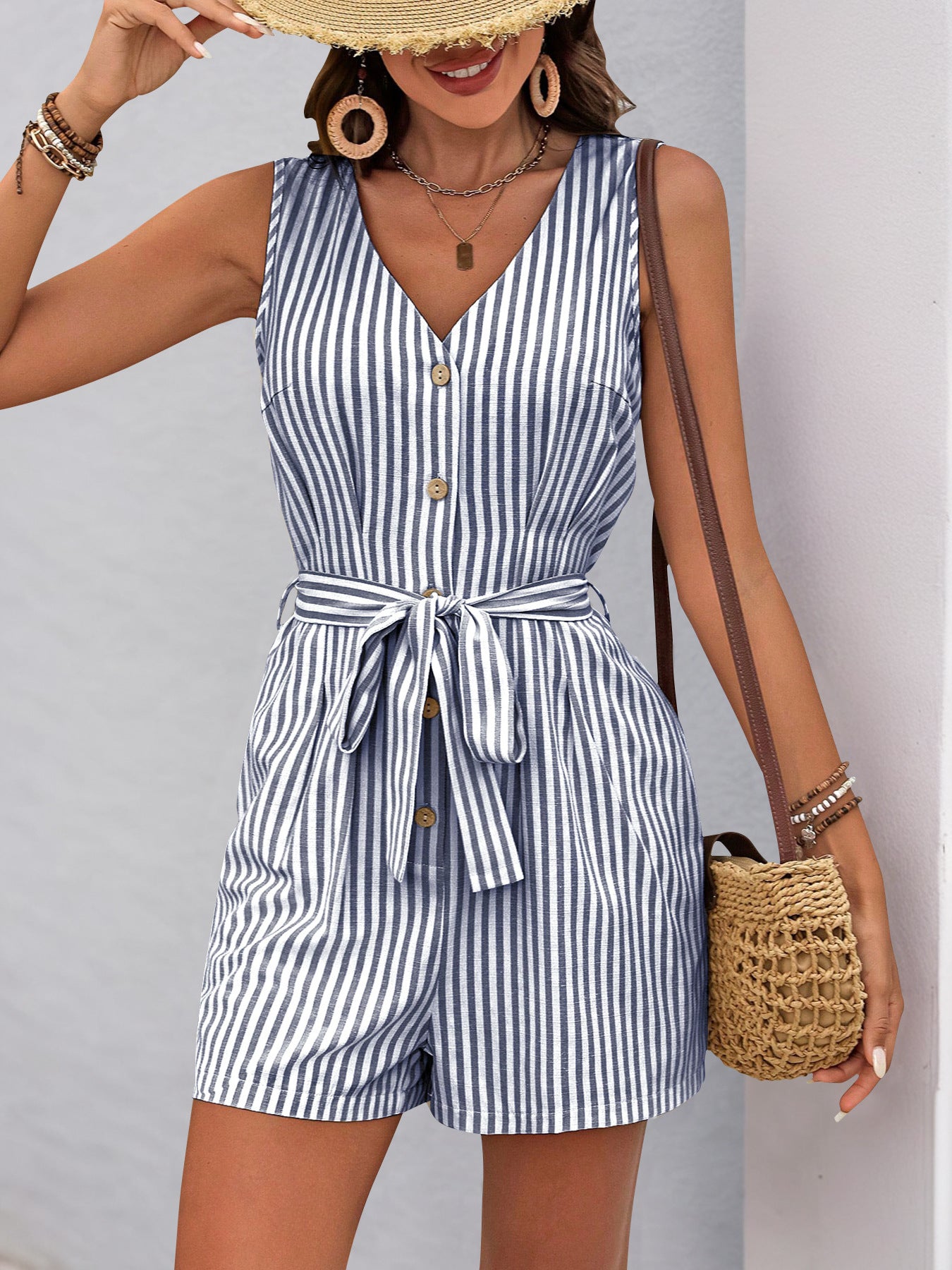 Women's Romper Woven V Neck Sleeveless Waist Tie Wide Leg Stripes Belted Jumpsuit Outfit Casual Dressy