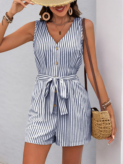 Women's Romper Woven V Neck Sleeveless Waist Tie Wide Leg Stripes Belted Jumpsuit Outfit Casual Dressy
