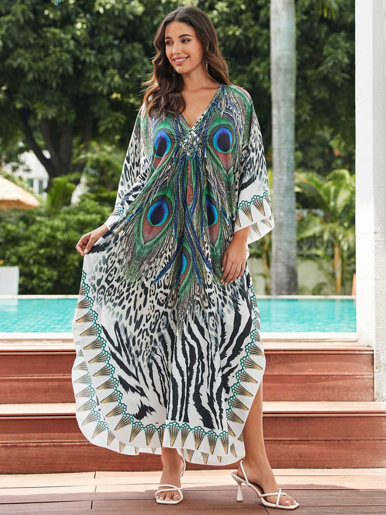 [Plus Size] Butterfly/feather Print Ruched Split Hem Tunic Dress, Valentine's Day Elegant Batwing Sleeve V Neck Long Dress for Summer, Casual Womenswear, Gift, Homecoming Dresses, Women's Clothes for Beach Holiday Vacation, Moo Moo Dresses