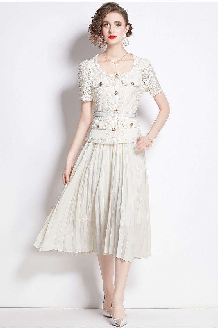 Bella Lace Patchwork Pleated Midi Dress  Patchwork Mid-Length Pleated Dress